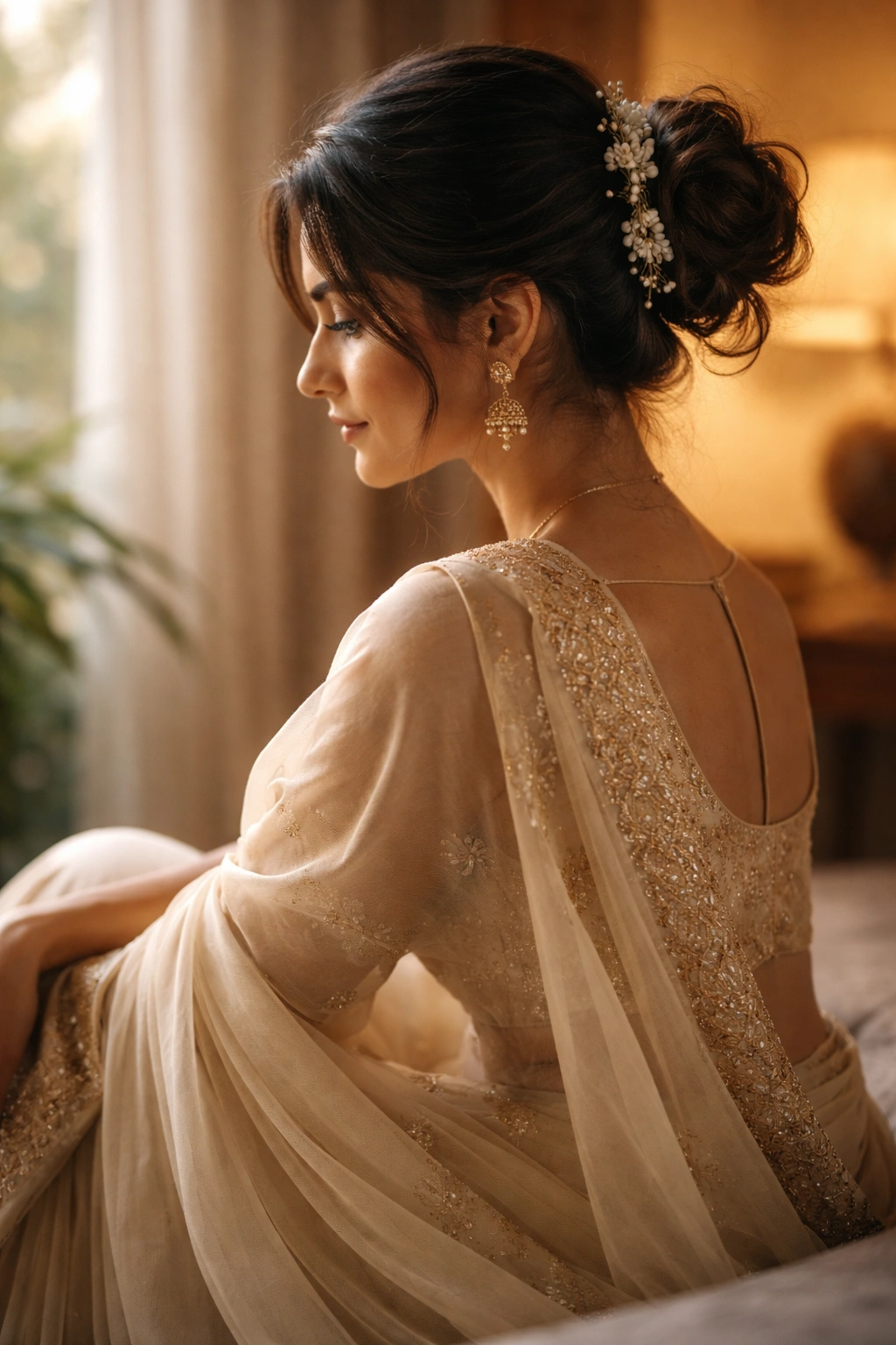 Contemplative saree wearer with bun in serene pose