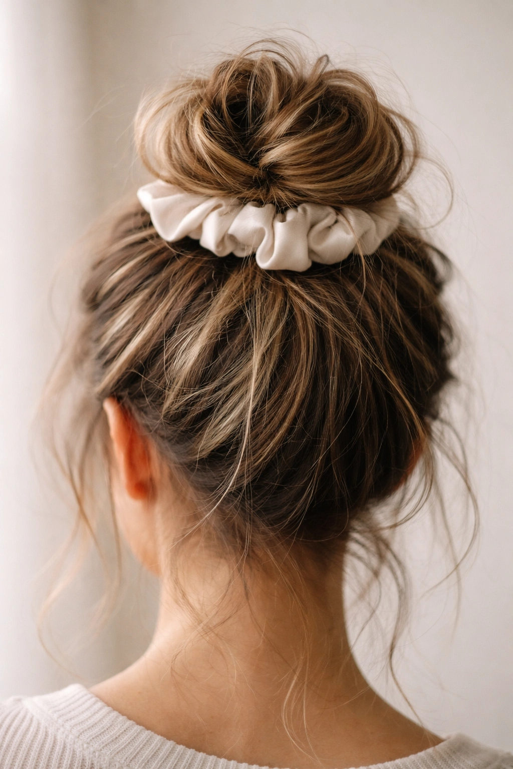 Close-up of a finished scrunchie bun under soft studio lighting.