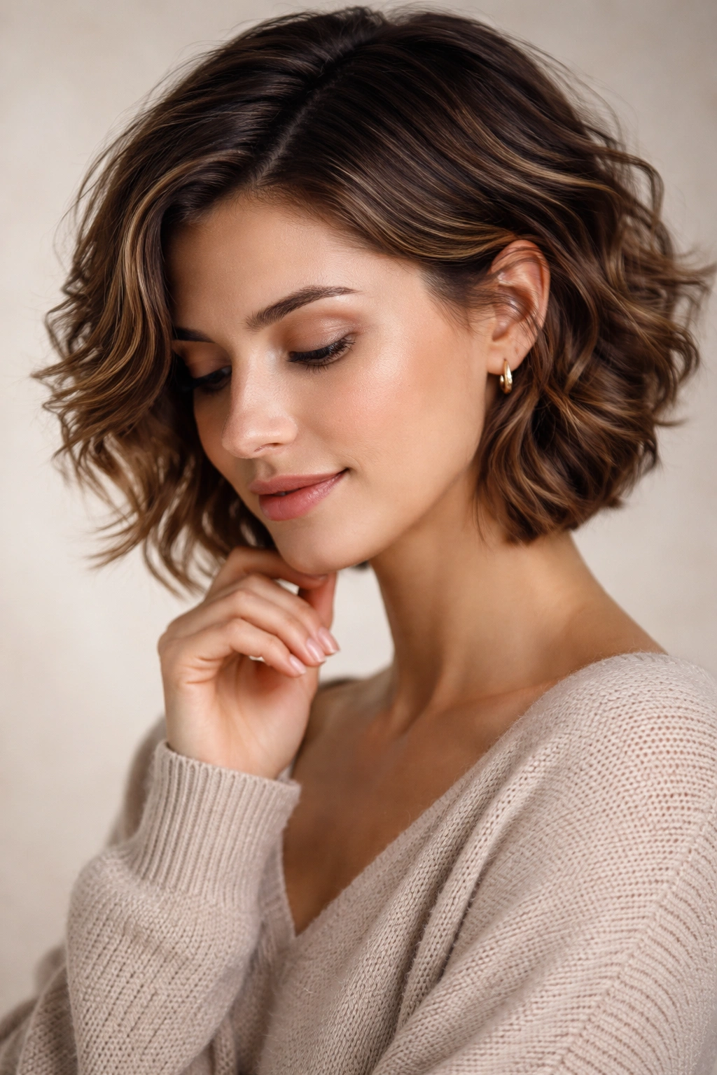 Contemplative portrait of a person with short wavy hair and frizz-controlled finish