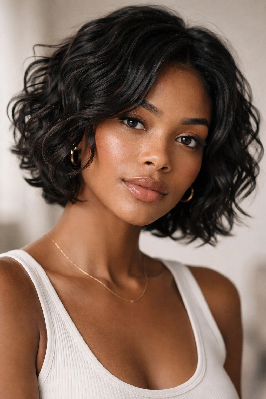 Close-up portrait of a person with short wavy black hair in a soft studio setting