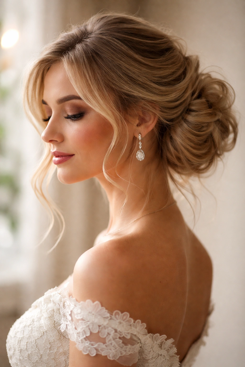 Softly undone side messy bun with loose strands in warm light