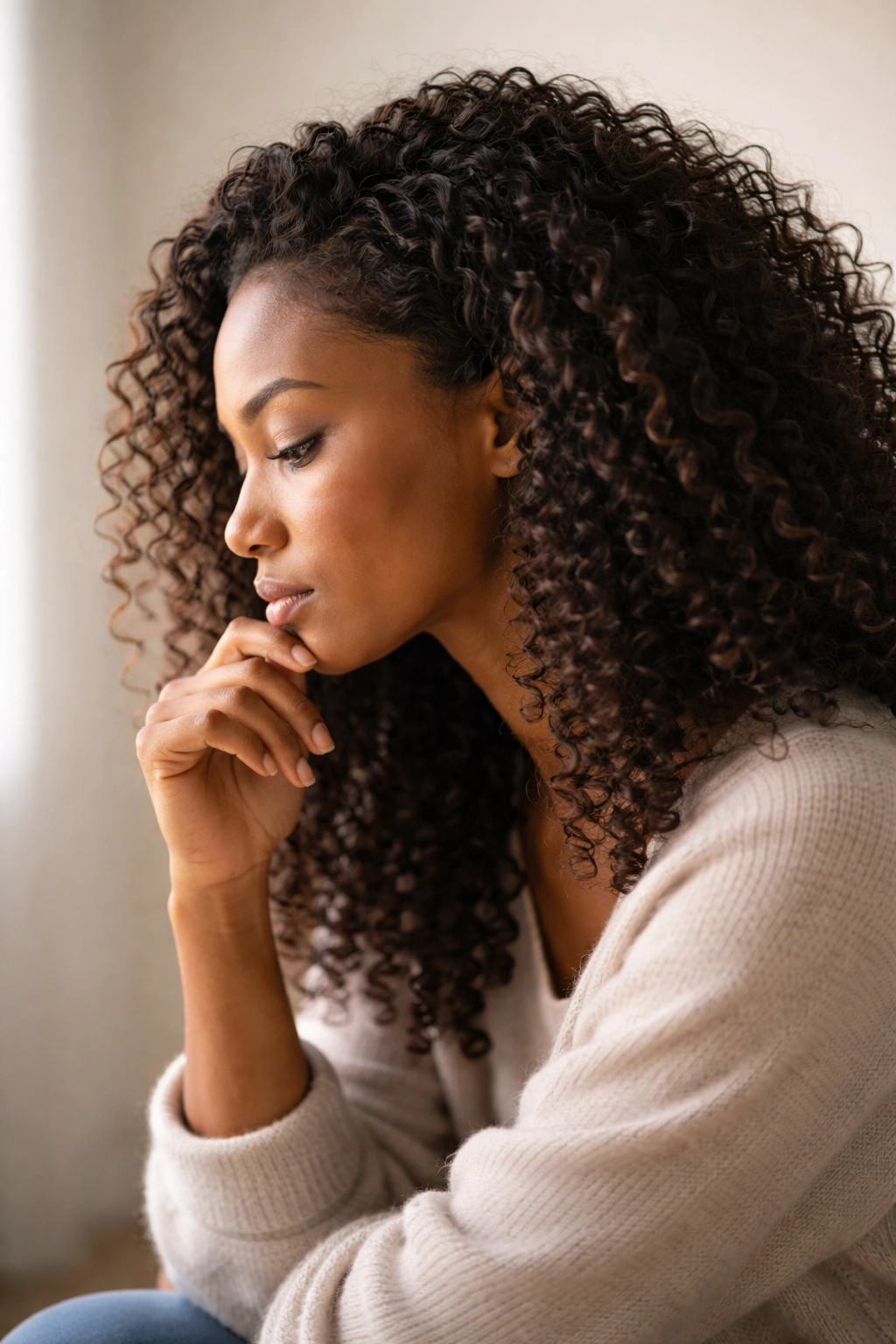 Silhouette of a contemplative person with curly hair in a minimal studio