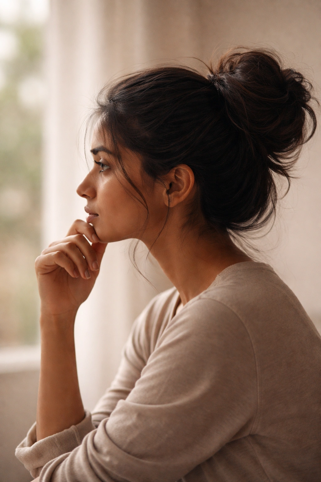 Abstract silhouette of a person contemplating against a soft gradient background