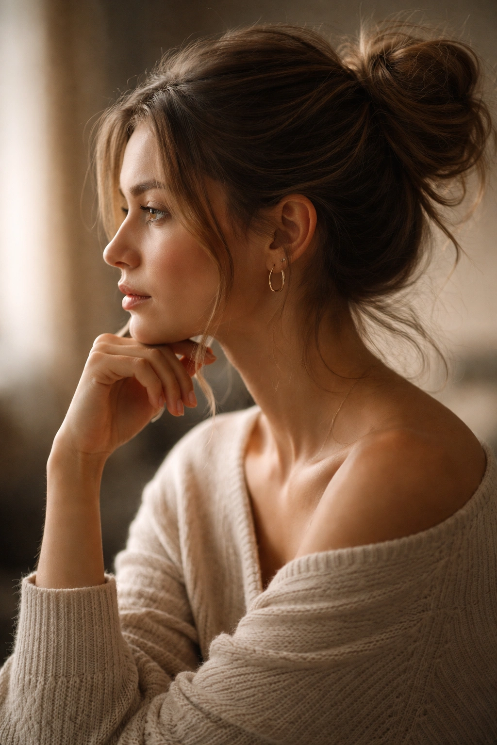 Contemplative silhouette with a loose bun in side profile, soft studio lighting