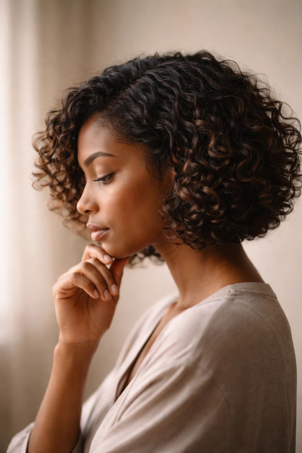 Profile silhouette of a head with soft glow, representing final thoughts on natural curly bob aesthetics