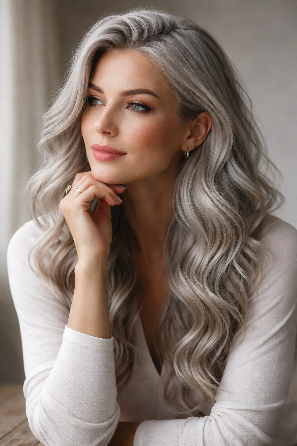 Thoughtful portrait of a person with silver hair in a quiet studio