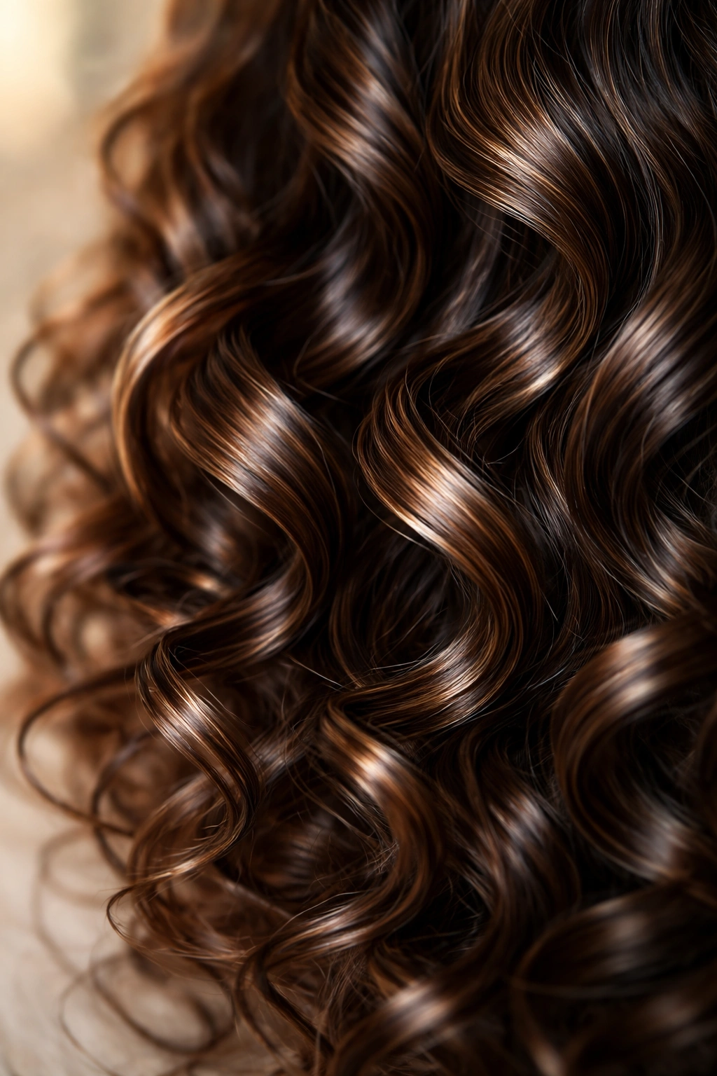 Abstract close-up of sleek curly hair texture on a neutral background