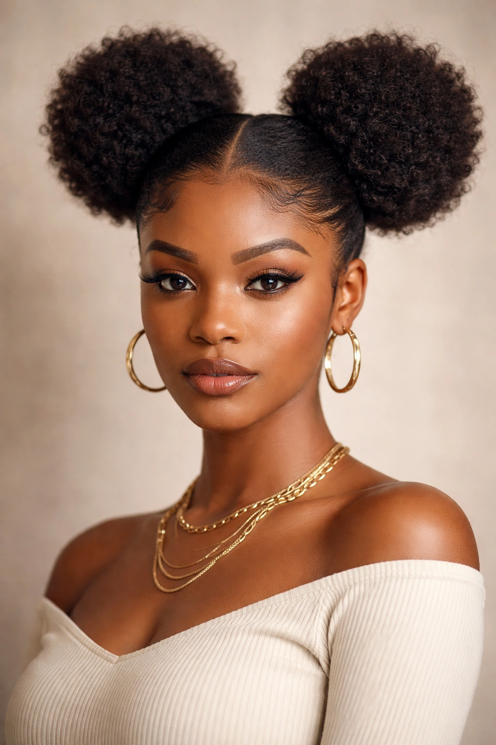 Portrait of a person with bold space buns showing volume and balance