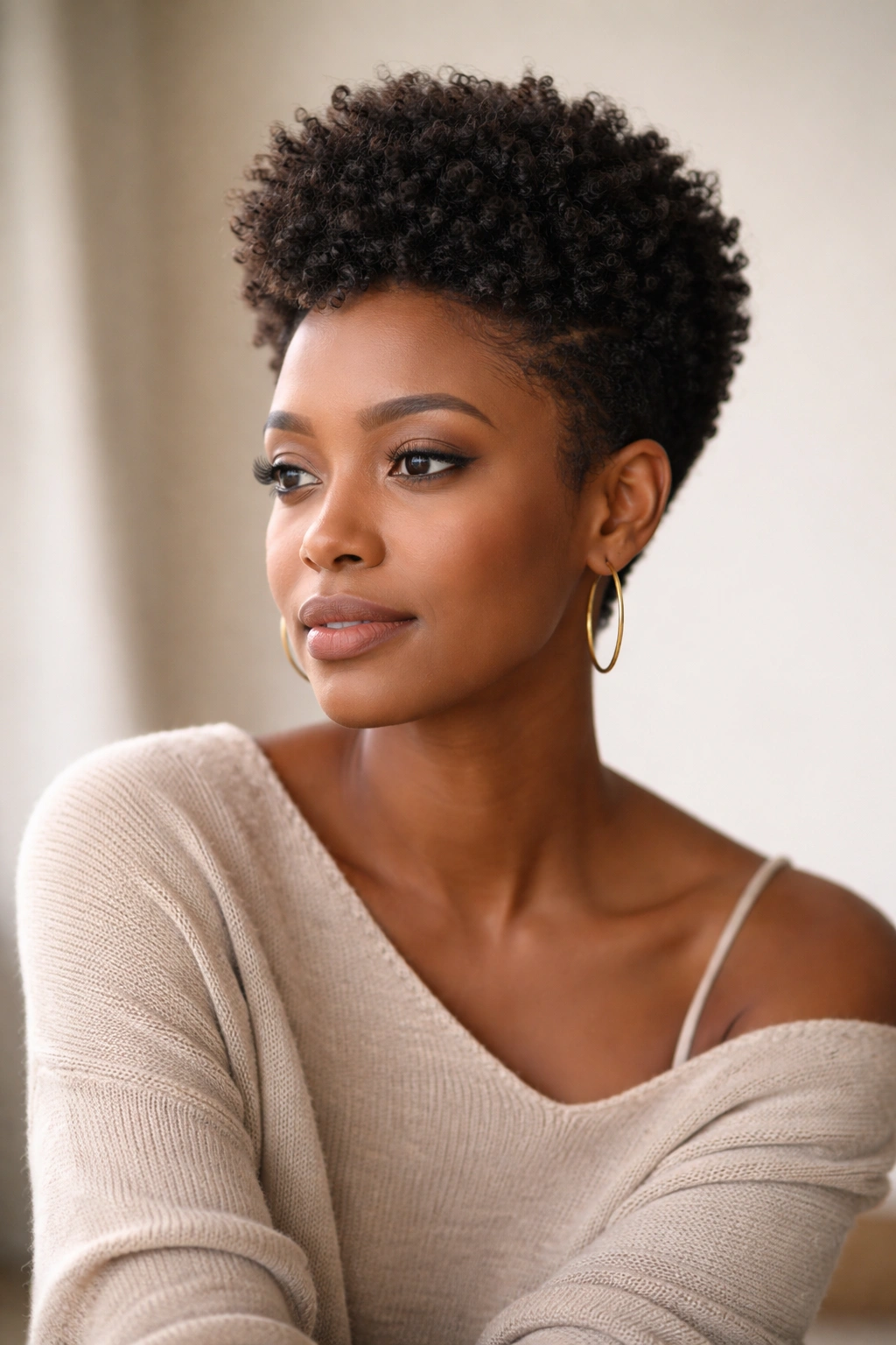 Thoughtful portrait of a woman with tapered Afro reflecting on hairstyle choices