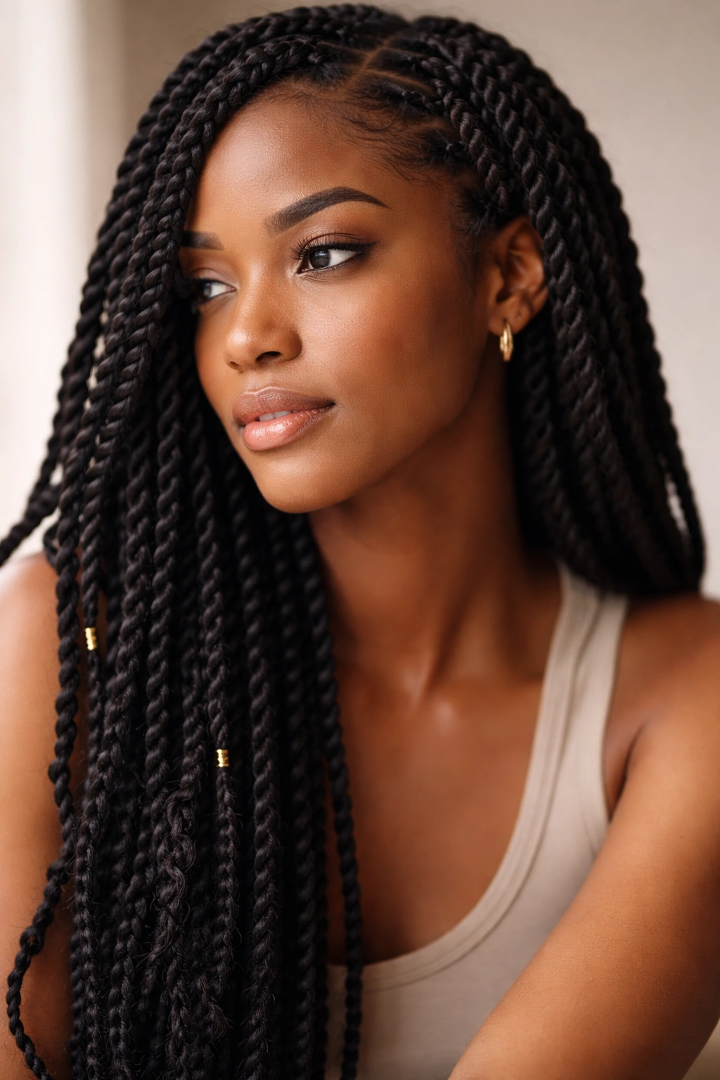 Contemplative portrait of a person with twist hairstyles