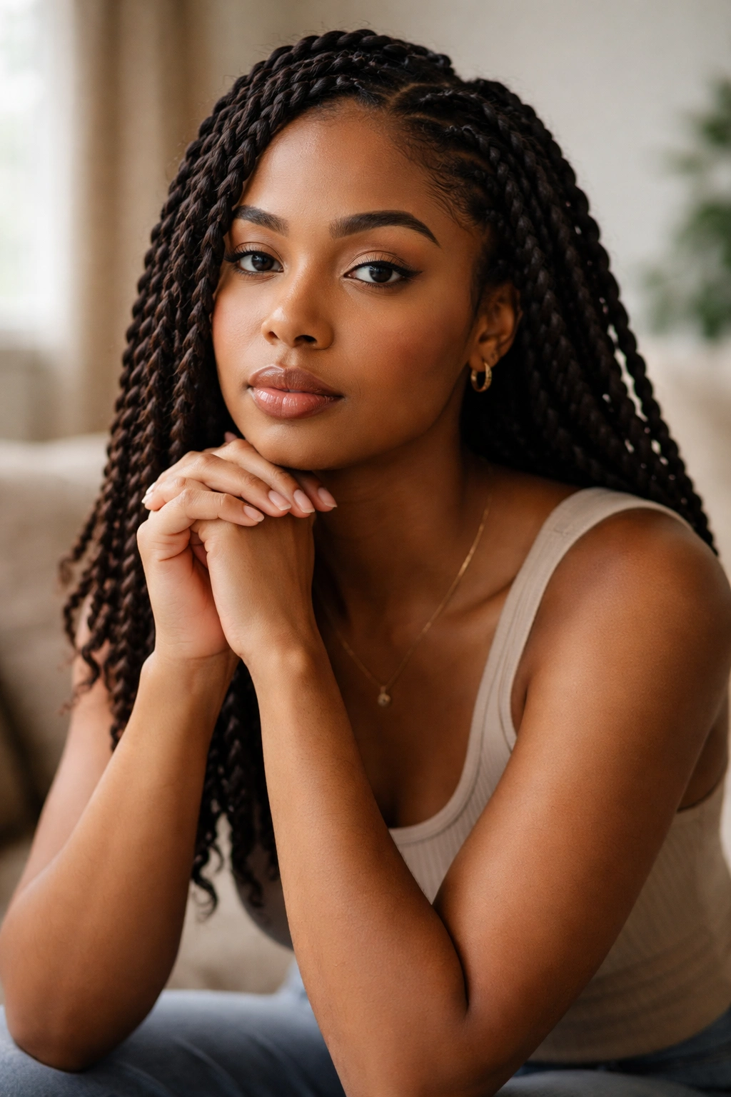 Contemplative person with twists in a simple setting