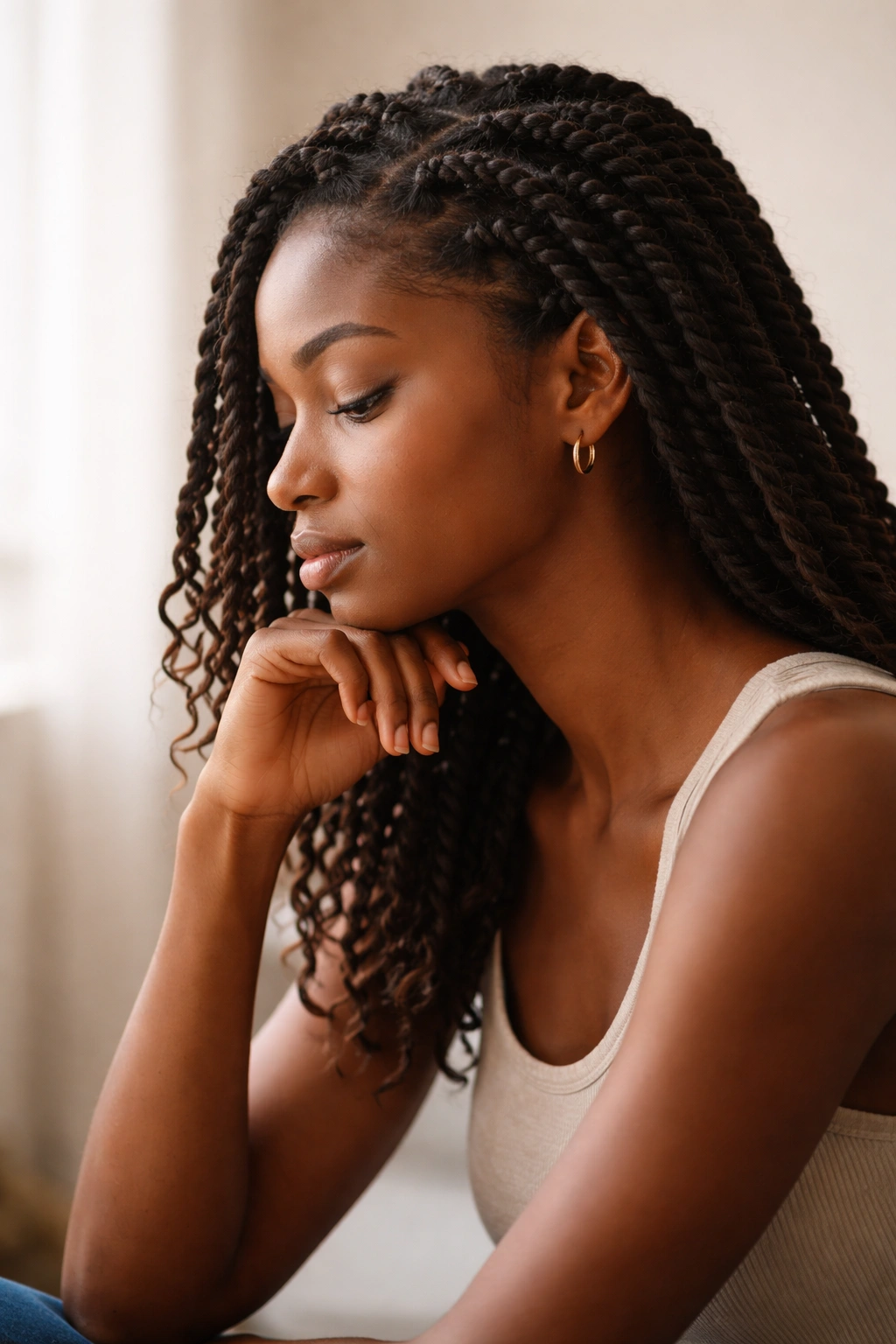 Abstract silhouette of a contemplative person with twists