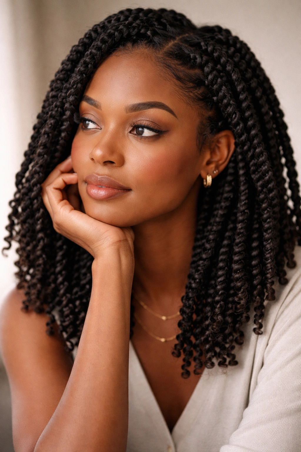 Contemplative portrait of person with afro twist hairstyles