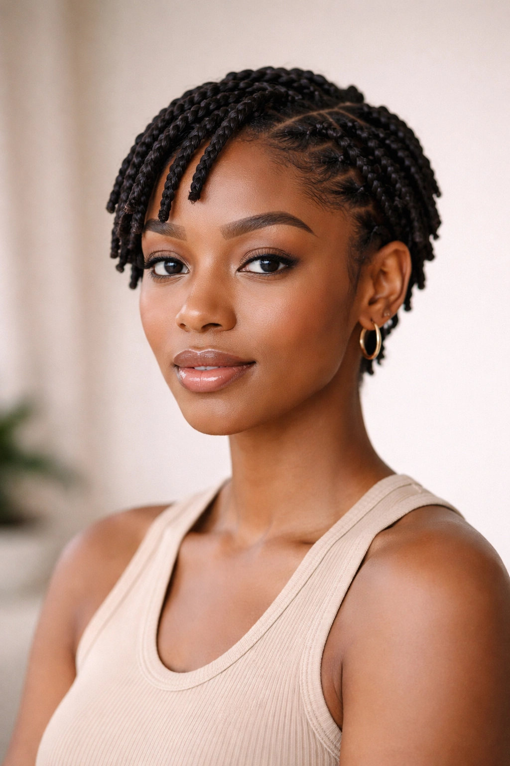 Portrait of a person with short afro hair styled into neat twists
