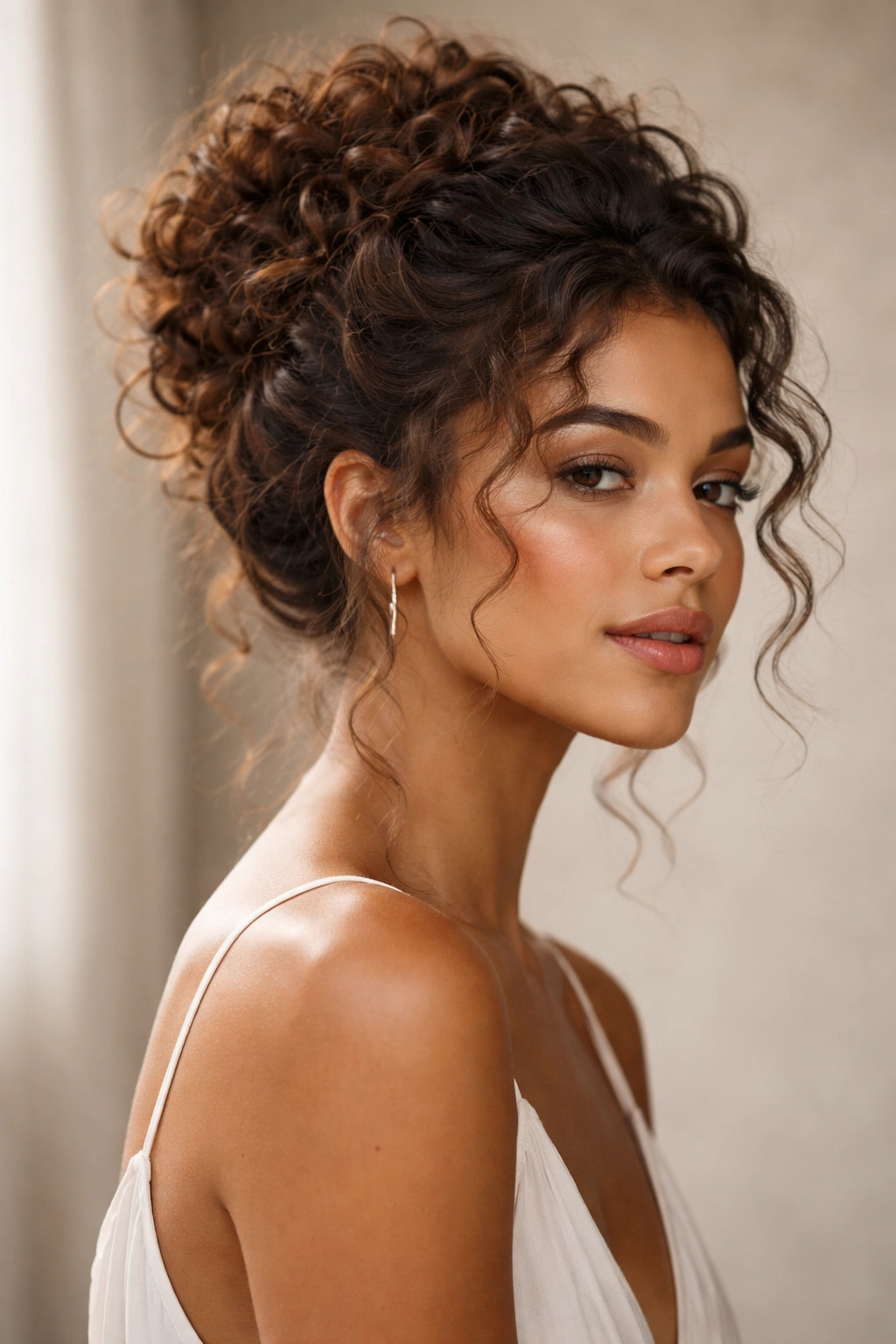 Portrait of a person with an elegant curly updo in a reflective mood.