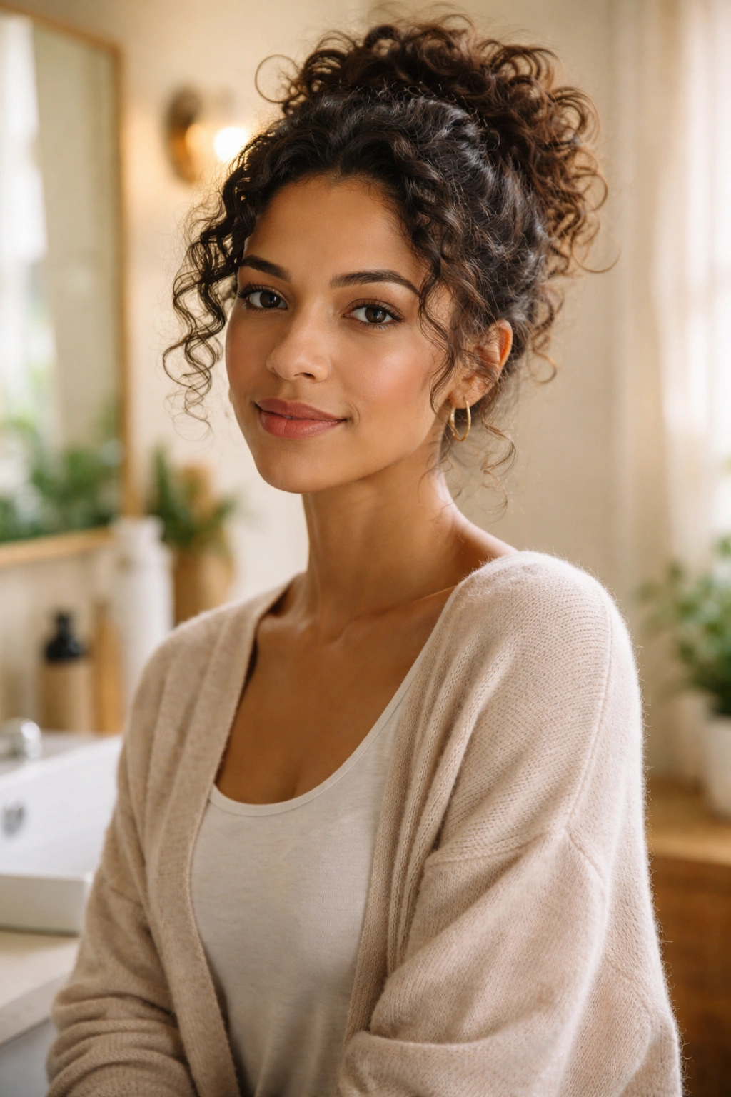 Relaxed person with casual curly updo and calm expression