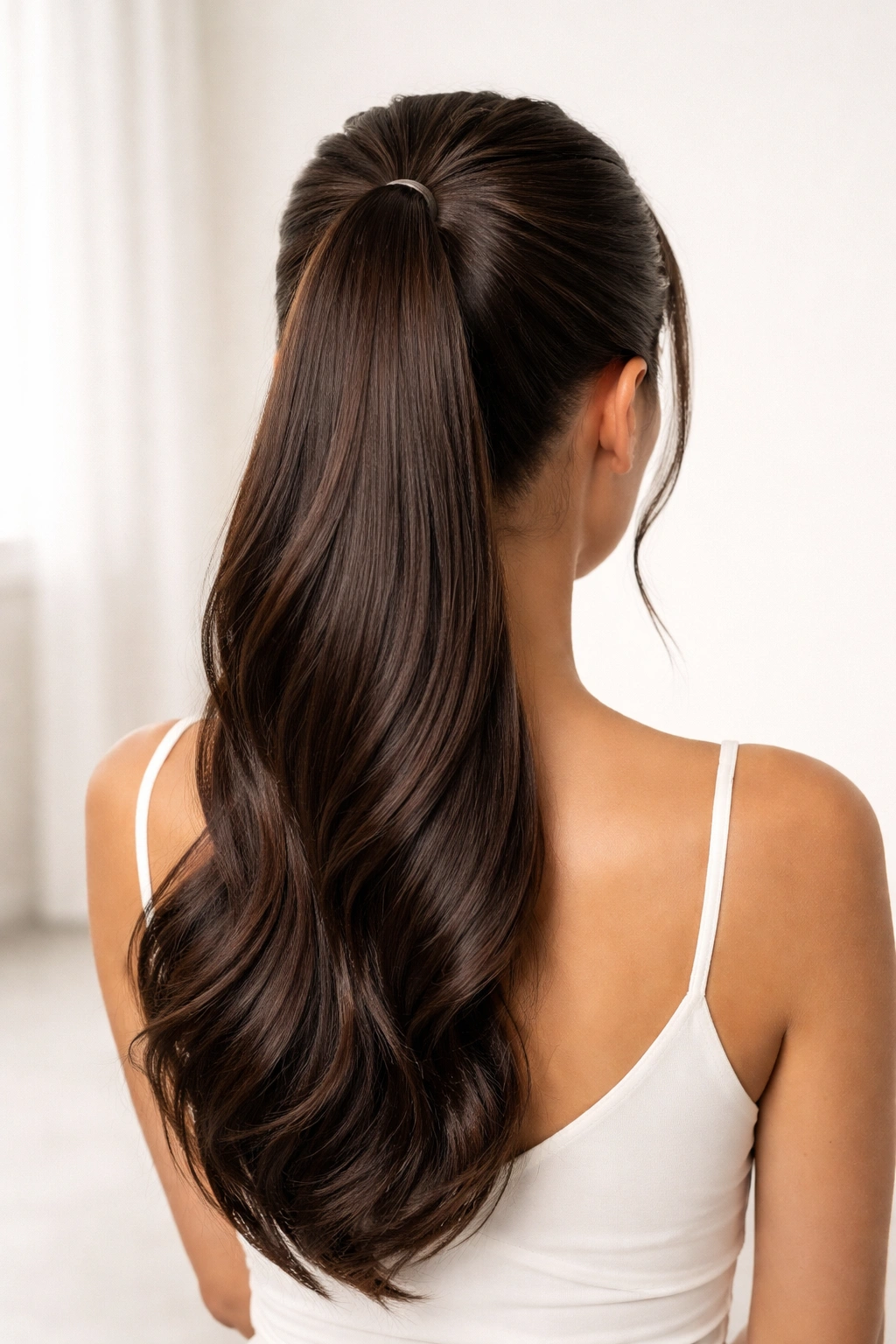 Minimalist studio shot of a single glossy V Part ponytail.