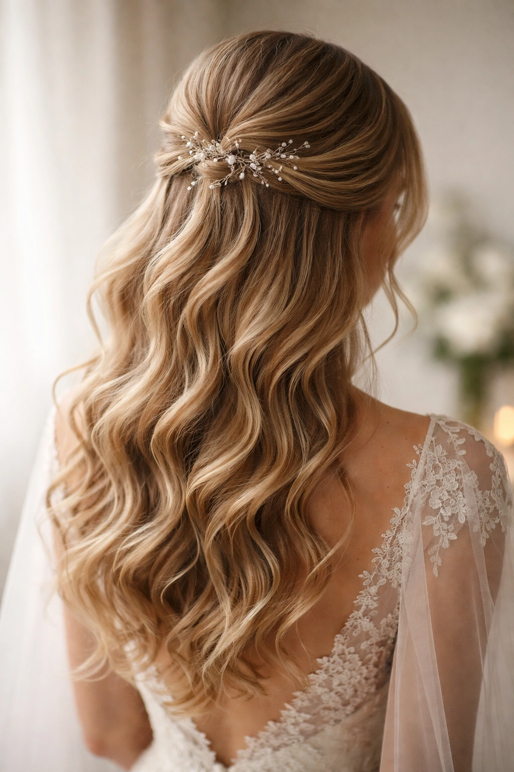 Serene close-up of a finished wavy half-up hairstyle on a bride.