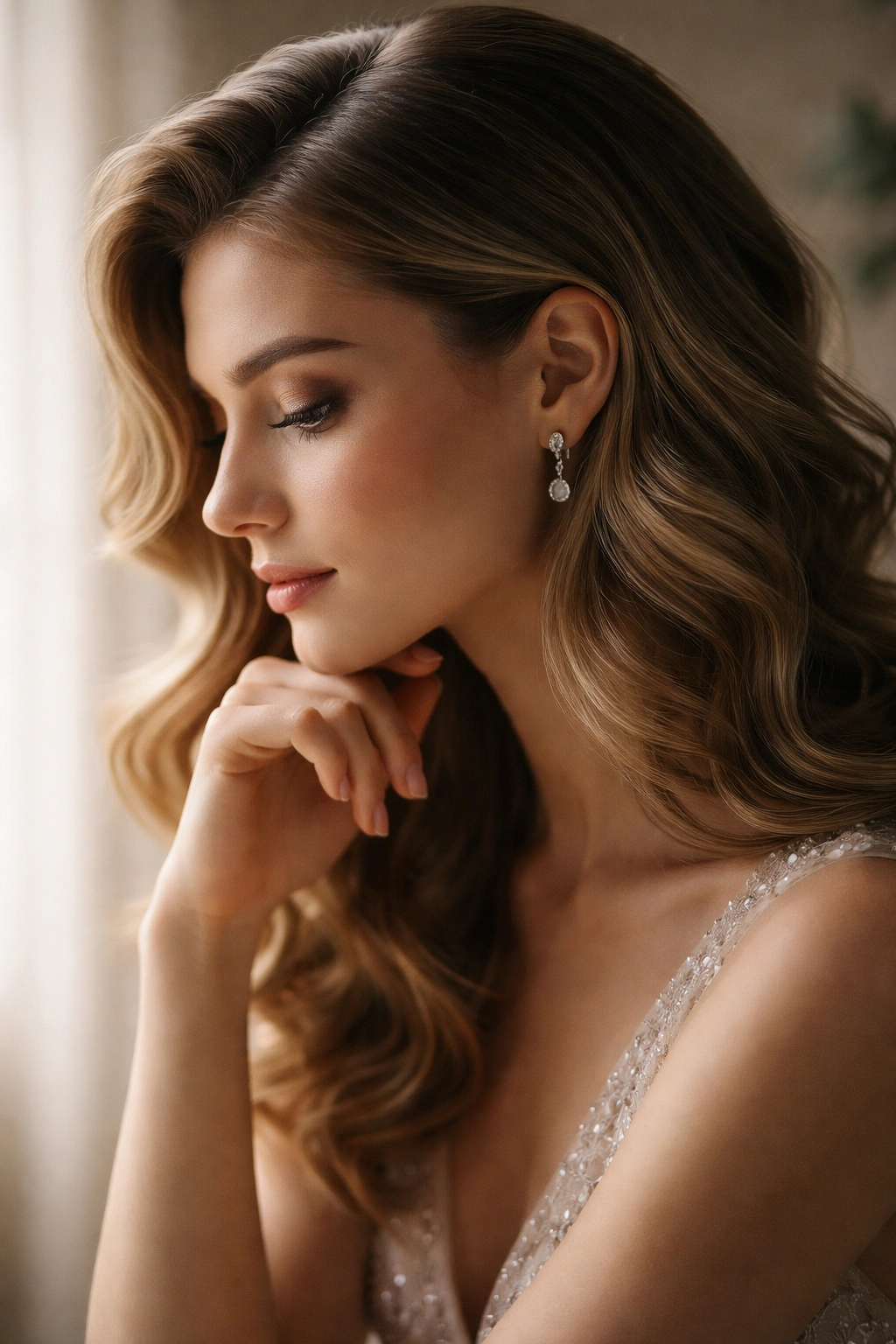 Abstract silhouette reflecting on formal waves in a soft-lit setting