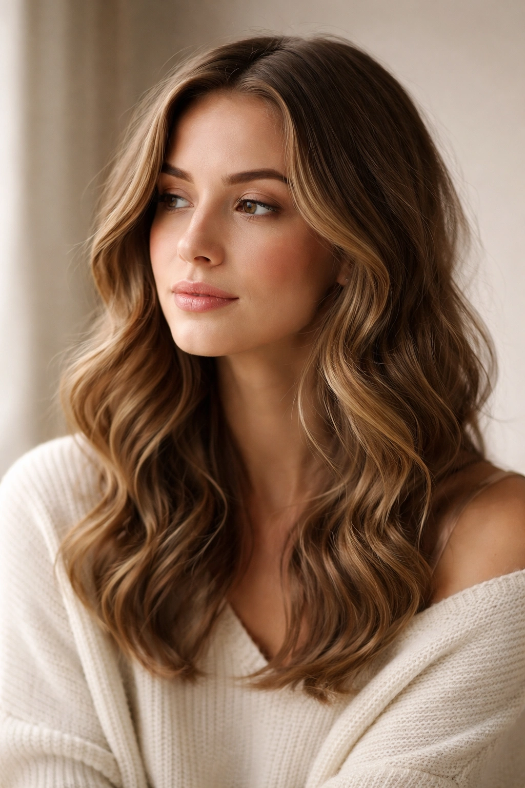Contemplative portrait of a person with styled waves in a neutral studio