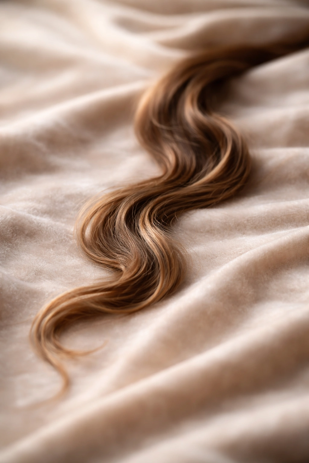 Minimalist image of a single long wavy hair strand on velvet