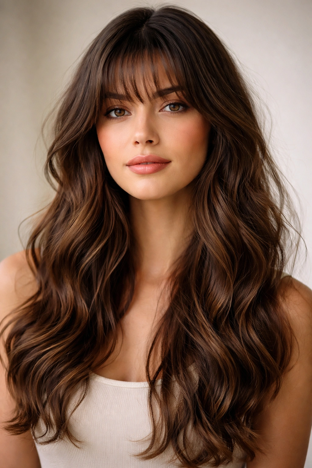 Portrait of a person with long wavy hair and wispy bangs, showcasing natural texture