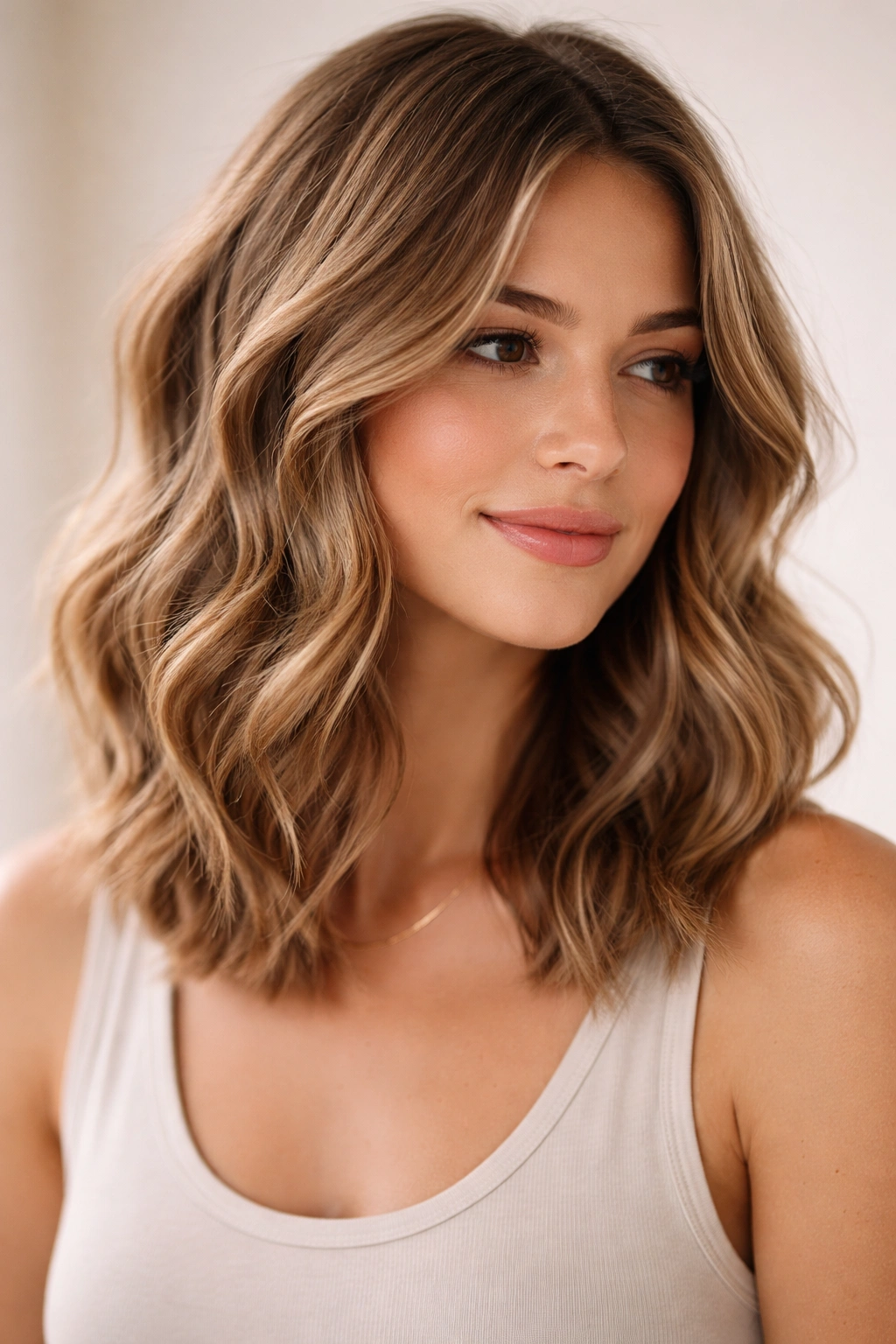Portrait of a person with a long wavy bob, showcasing soft waves and hair texture under studio lighting