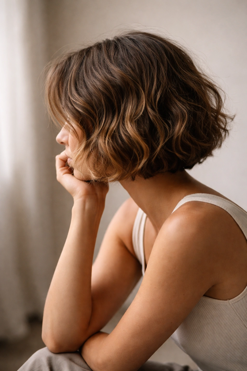 Abstract silhouette of a person with a wavy bob in thoughtful pose