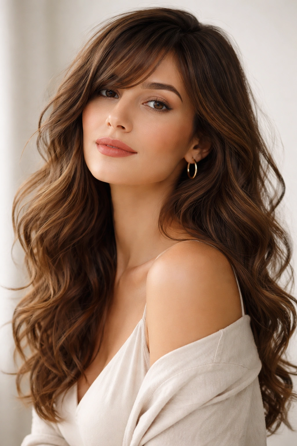 Close-up portrait of a person with wavy hair and side-swept bangs against a neutral background, emphasizing natural texture