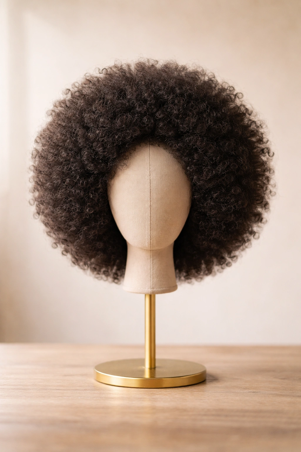 Minimalist display of an afro wig on a stand against a neutral background