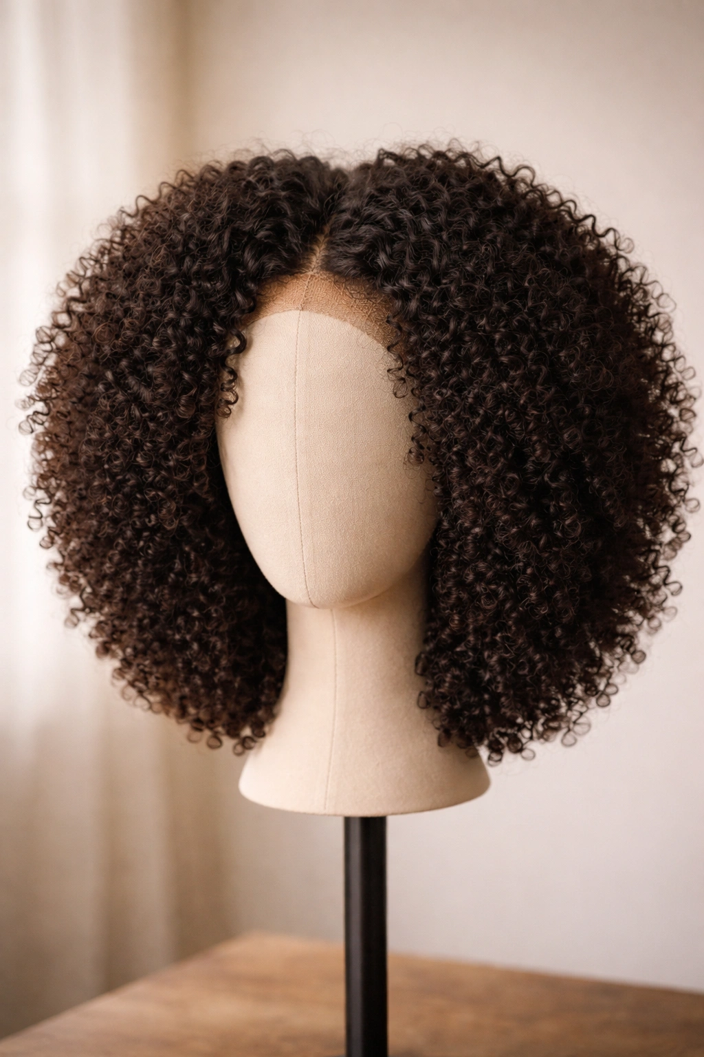 Curly afro wig on neutral headform in plain studio for final thoughts on realism