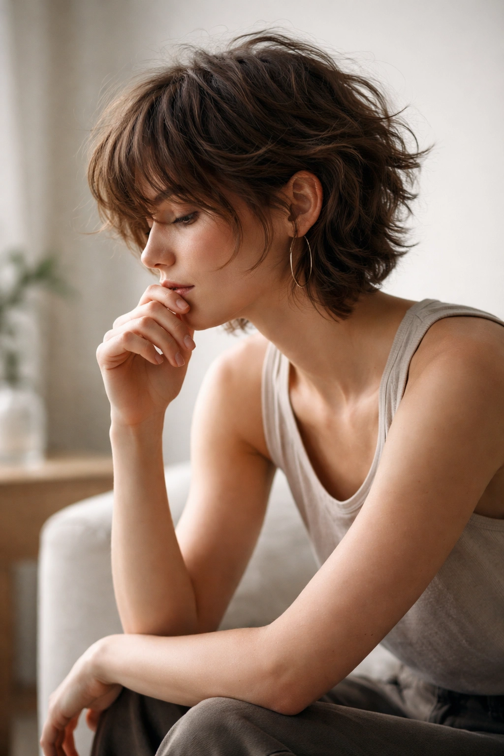 Silhouette of a thoughtful person with a short, wavy wolf cut