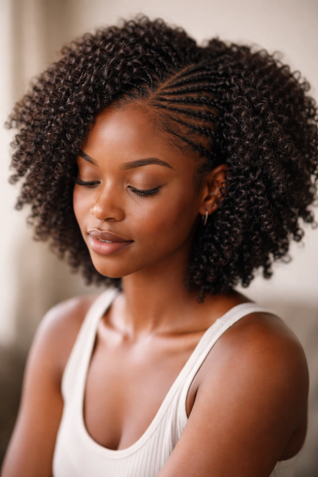 Serene portrait of a person with a neat crochet Afro hairstyle, calm expression, minimalist background