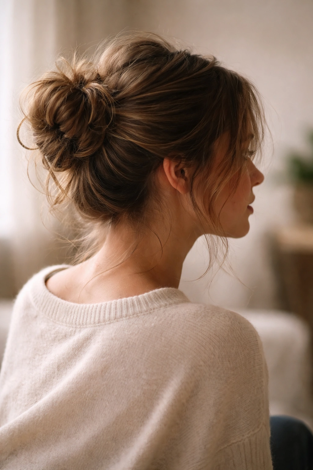 Contemplative portrait of a person with a relaxed messy bun in soft light