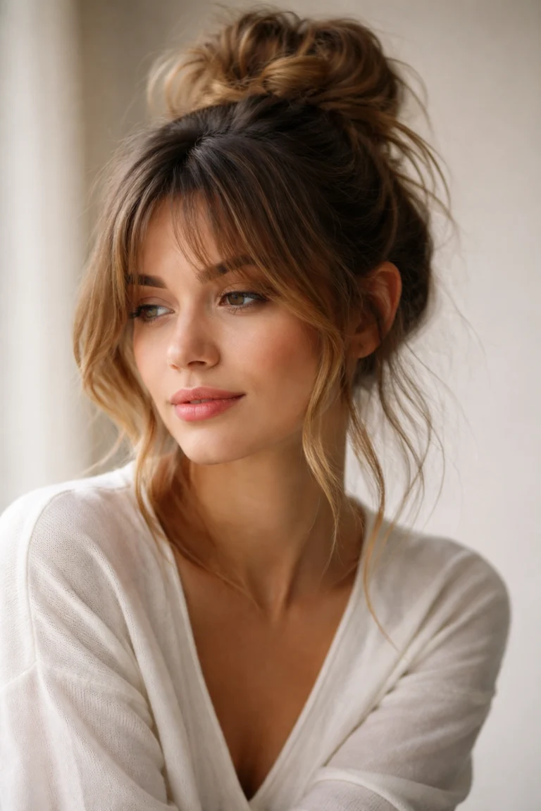 8 Messy Bun Styles With Curtain Bangs