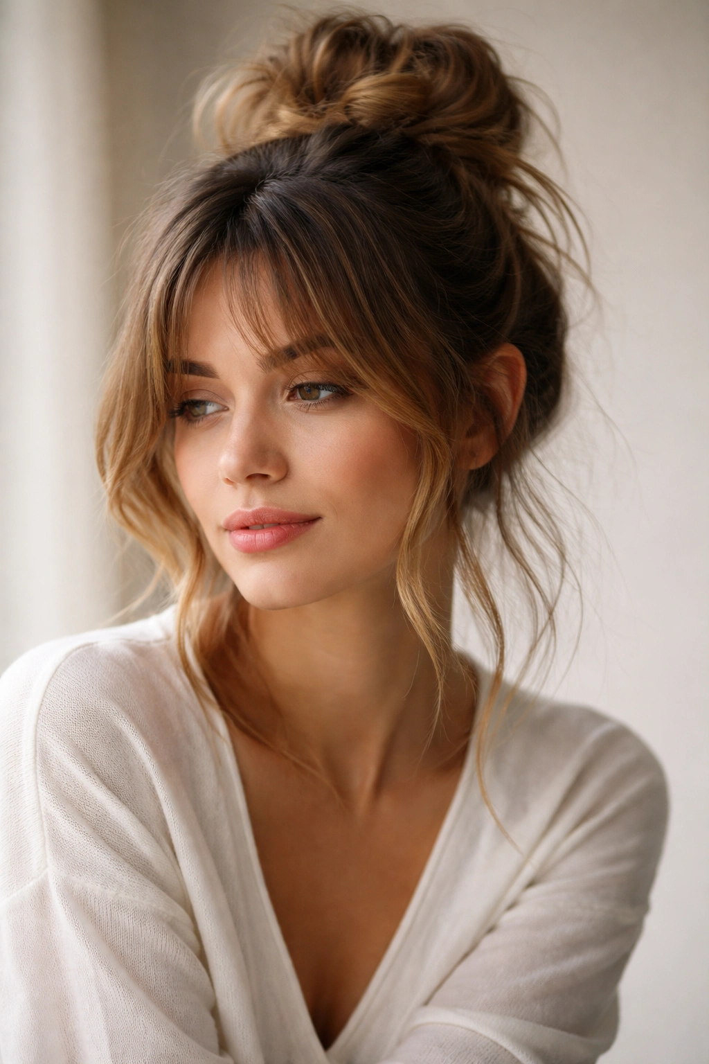 Thoughtful portrait focusing on refined hairstyle with curtain bangs in a neutral studio