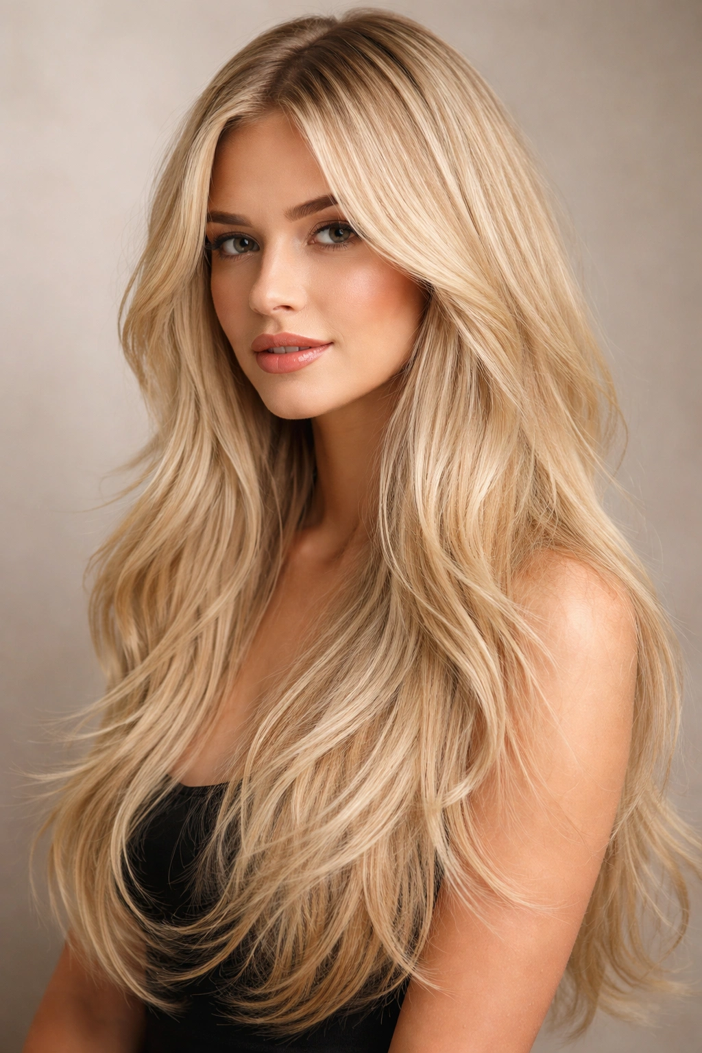 Close-up of blonde hair with ultra-fine wispy layers for volume on fine hair, studio lighting