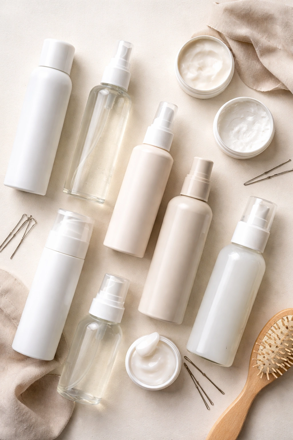 Flat lay of unlabeled hair styling products for fine hair