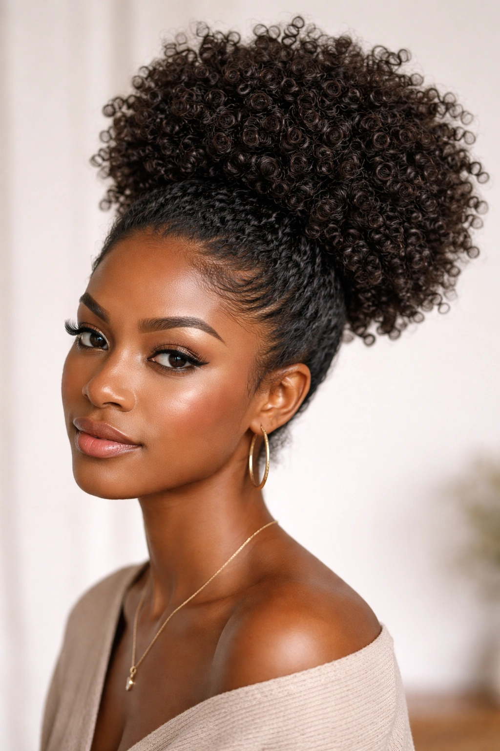 Close-up of finger coils forming a defined afro puff
