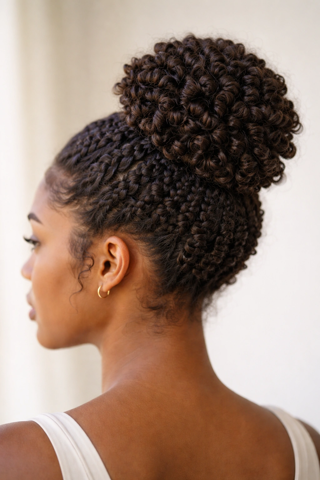 Finger coil bun with defined coils on natural hair