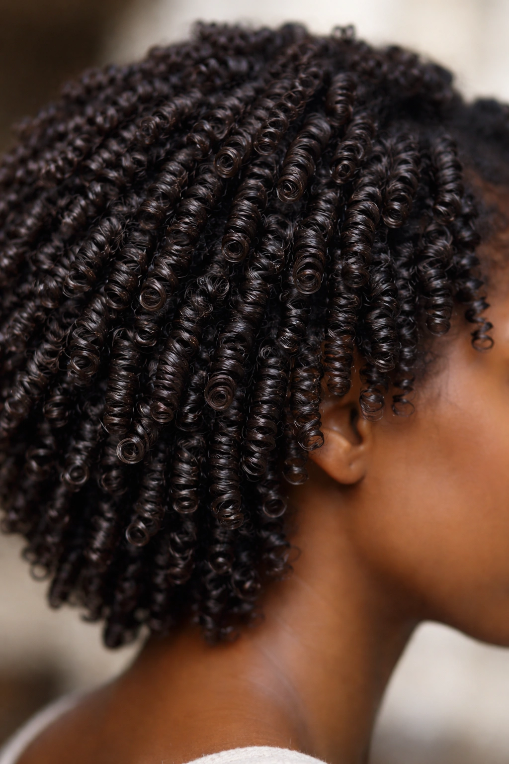 Close-up of finger coils on curly hair