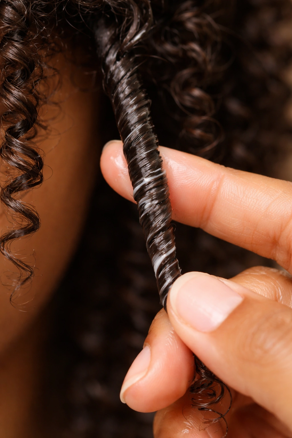 Close-up of finger coils being formed on curly hair with defined, saturated coils