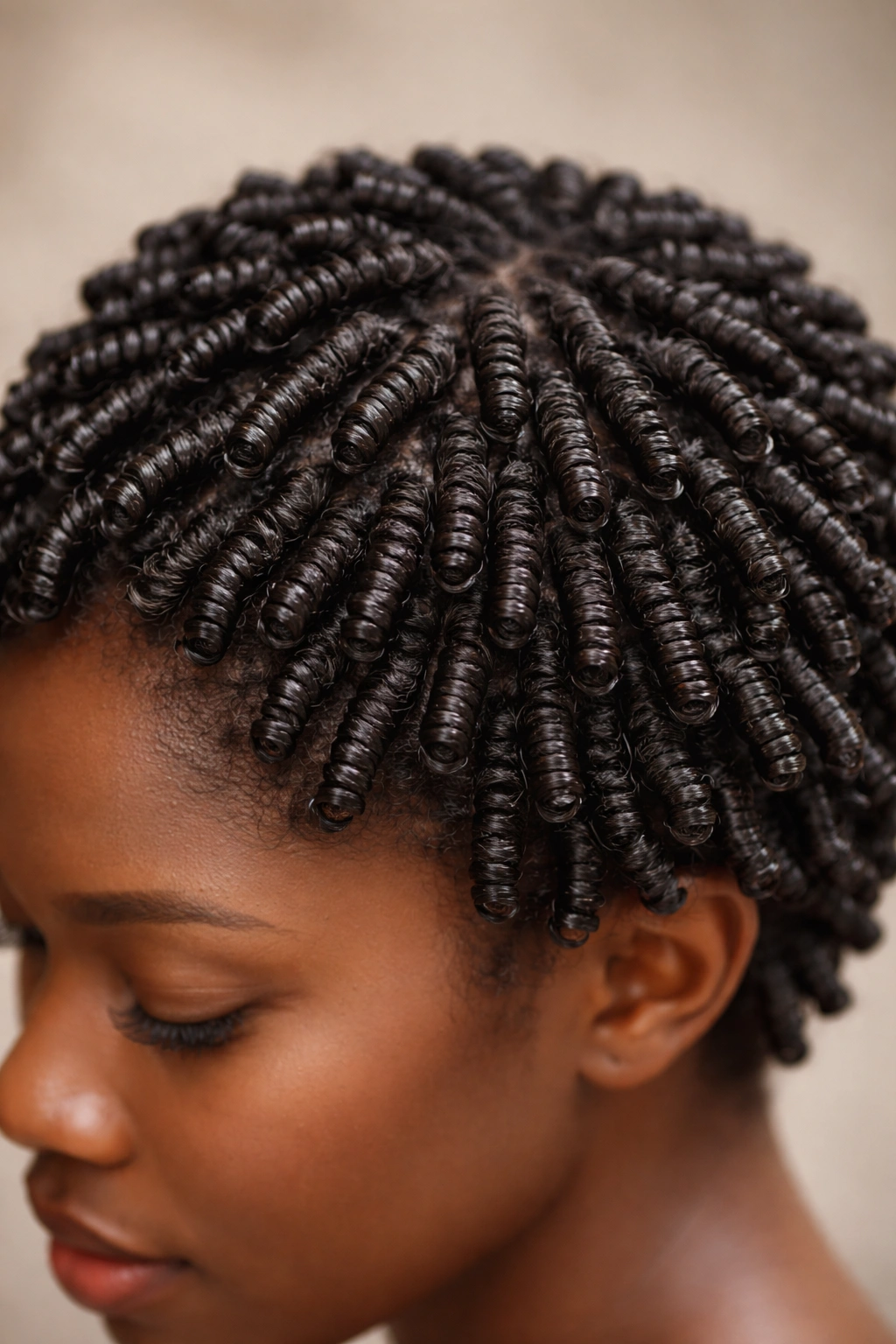 Close-up of small finger coils on curly hair