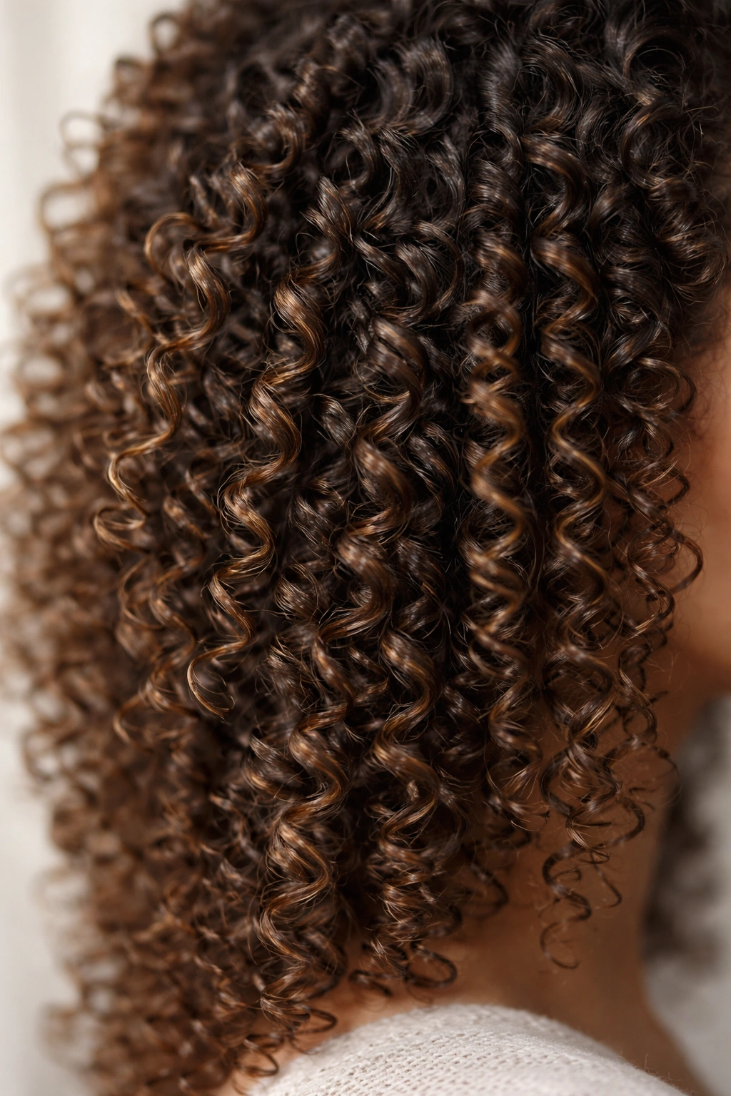 Close-up of tight finger coils on fine curly hair with natural shine