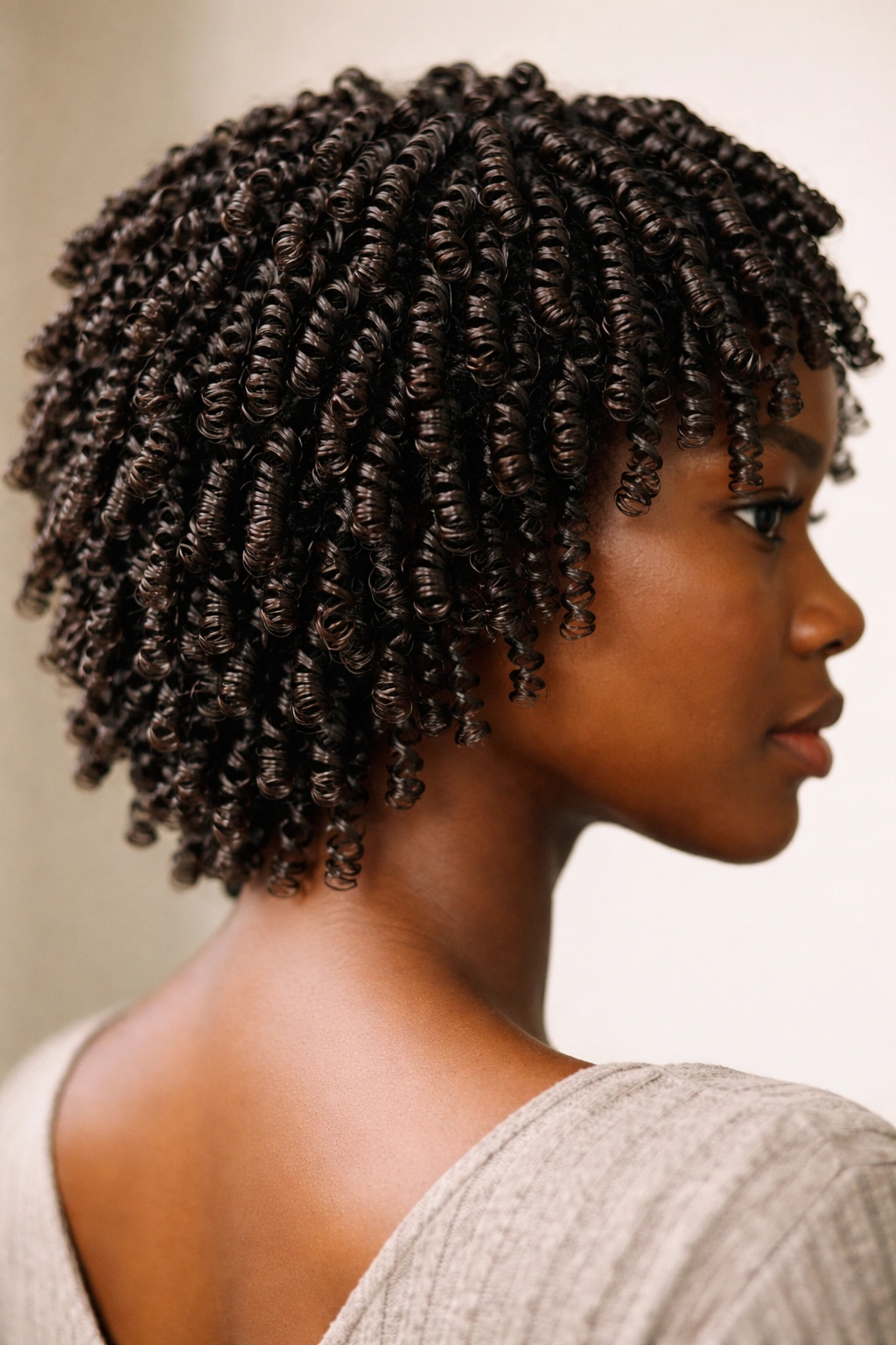 Close-up of finger coils showing defined spirals on curly hair