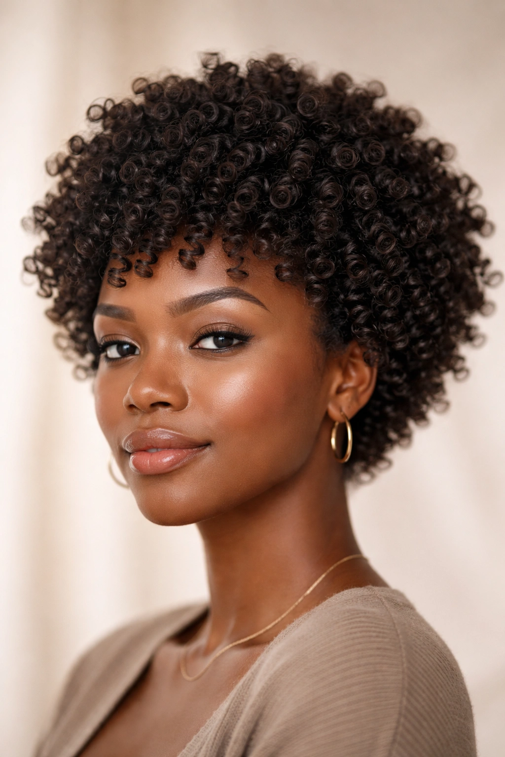 Close-up of finger coils on natural hair with volume in a studio