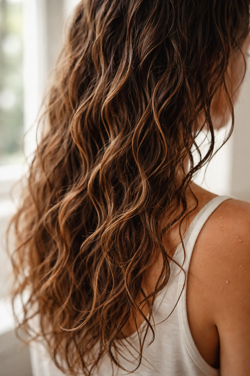 Close-up of damp hair with soft finger waves and natural texture