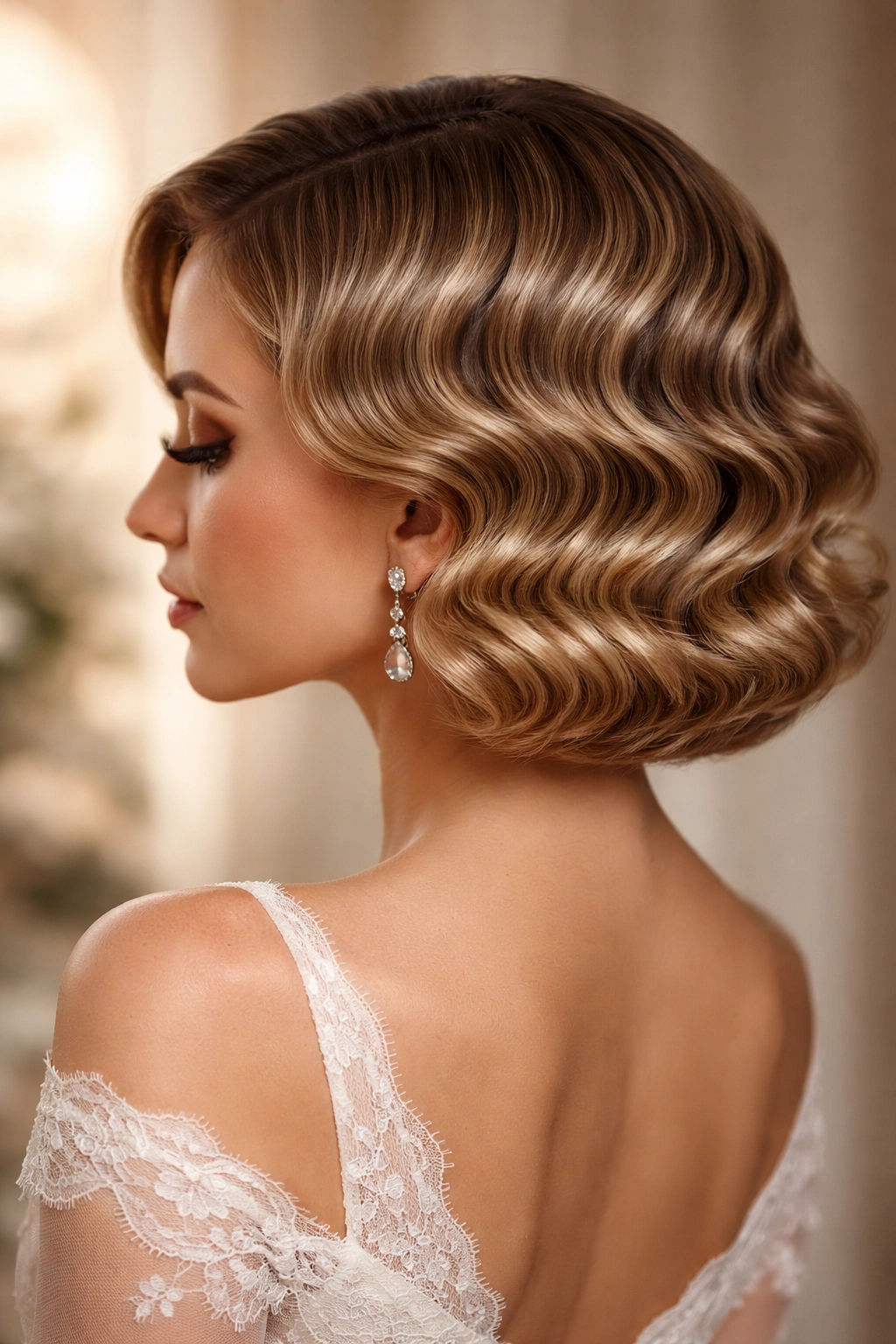 Close-up of perfectly coiled finger waves in a bridal hairstyle with defined S-curves