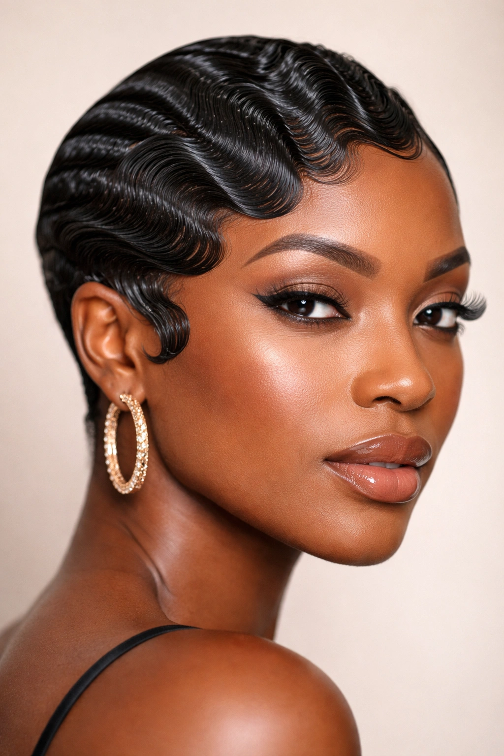 Close-up of defined finger waves on short-to-medium hair