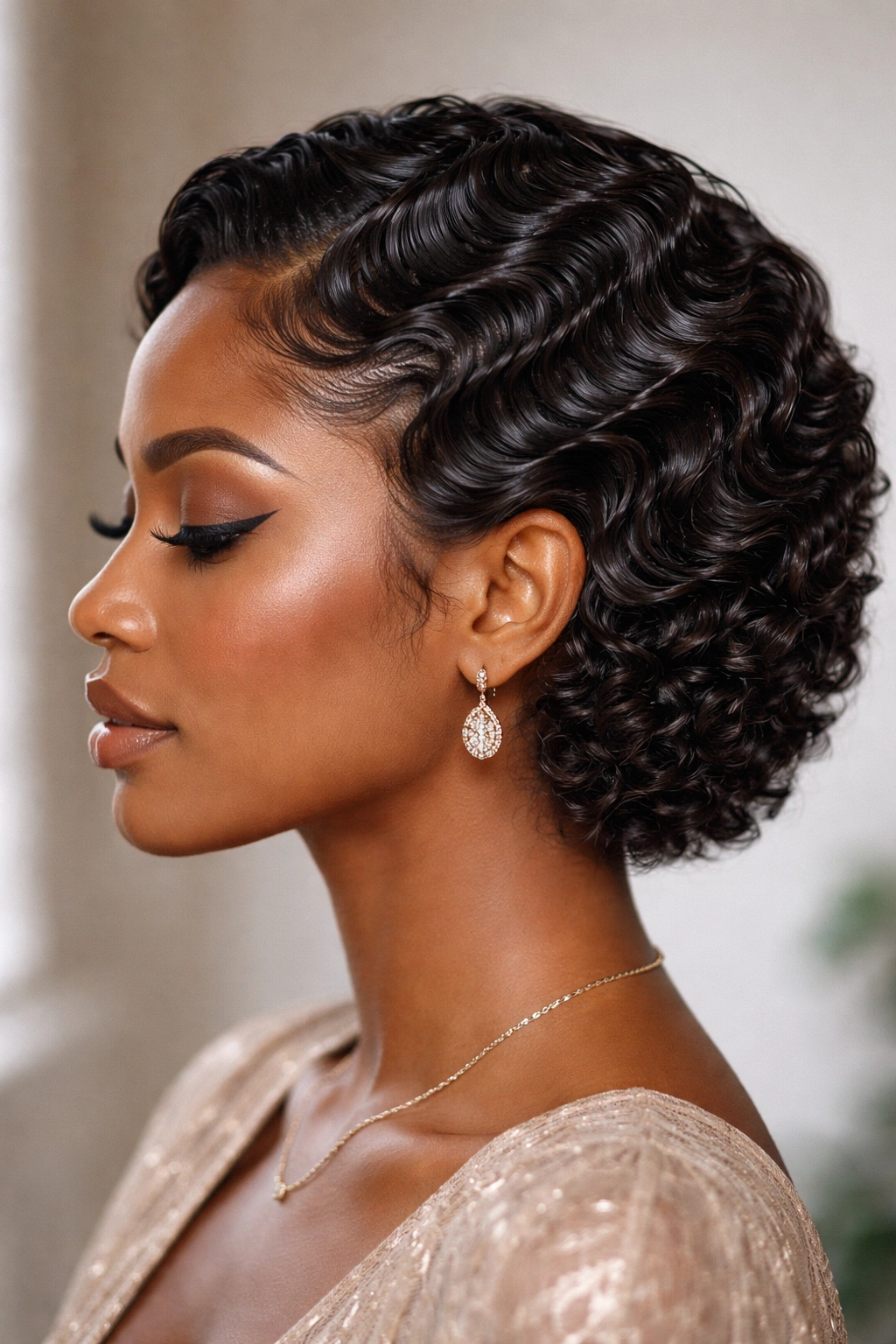 Side profile of finger waves on medium-length hair